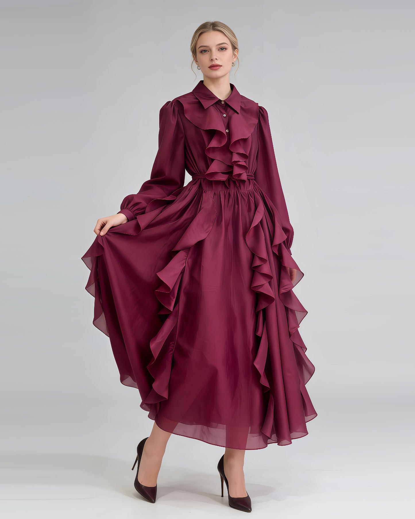 Purple Shirt Collar Ruffled Shiny Maxi Dress
