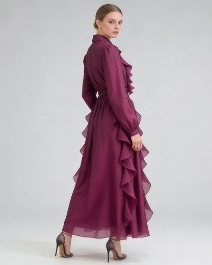 Purple Shirt Collar Ruffled Shiny Maxi Dress