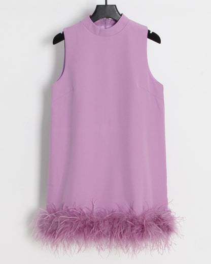 Purple Sleeveless Turtleneck Dress with Feather Hem