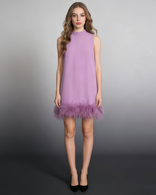 Purple Sleeveless Turtleneck Dress with Feather Hem