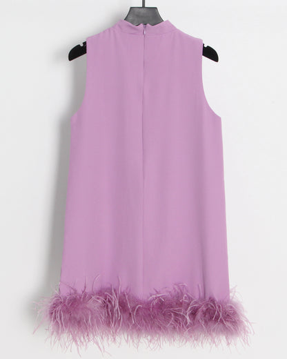 Purple Sleeveless Turtleneck Dress with Feather Hem