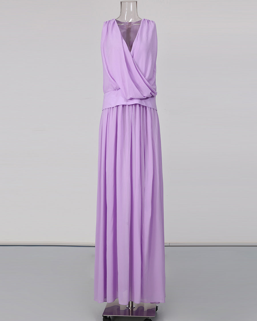 Purple Sleeveless V Neck Wrap Maxi Dress