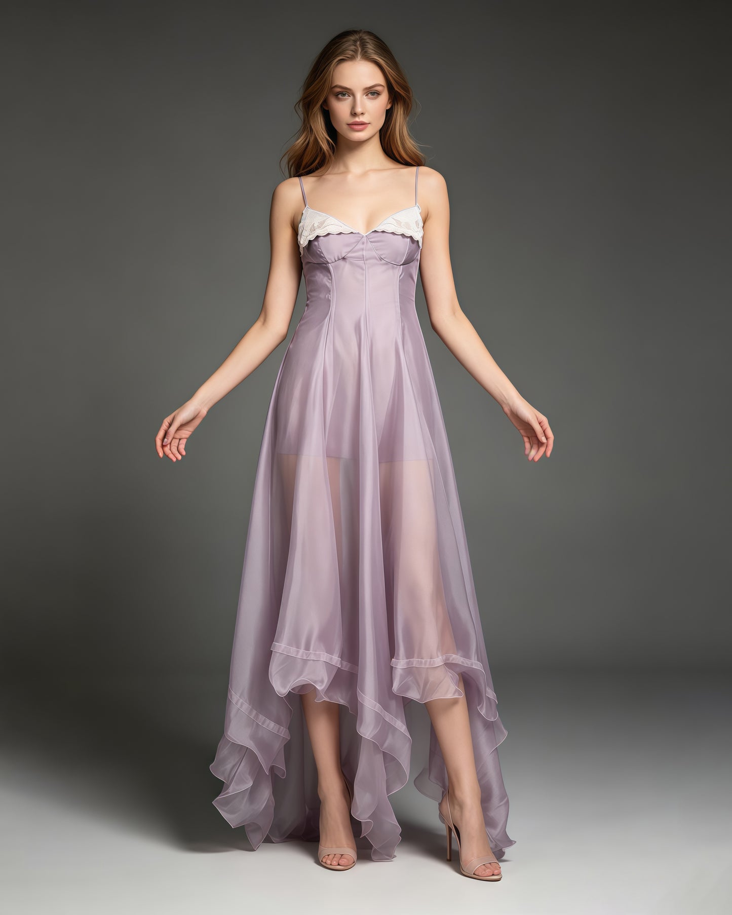 Purple Spaghetti Strap Lace Irregular Ruffle Maxi Dress