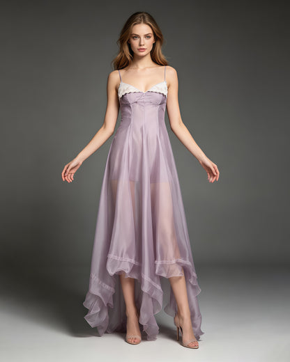 Purple Spaghetti Strap Lace Irregular Ruffle Maxi Dress