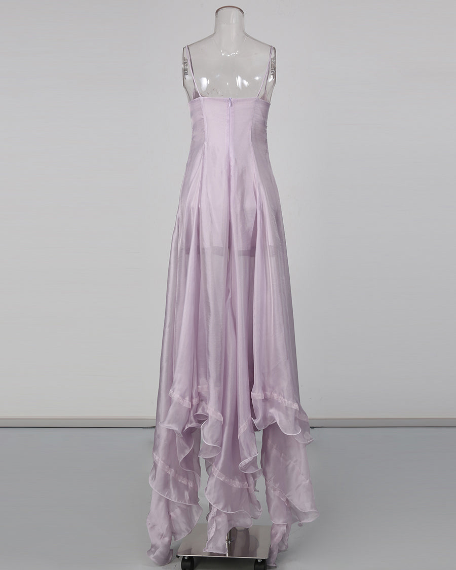 Purple Spaghetti Strap Lace Irregular Ruffle Maxi Dress