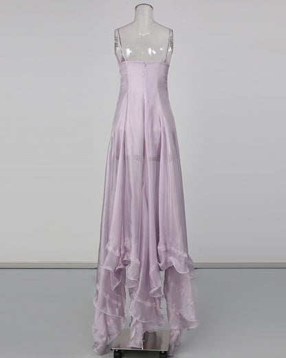 Purple Spaghetti Strap Lace Irregular Ruffle Maxi Dress