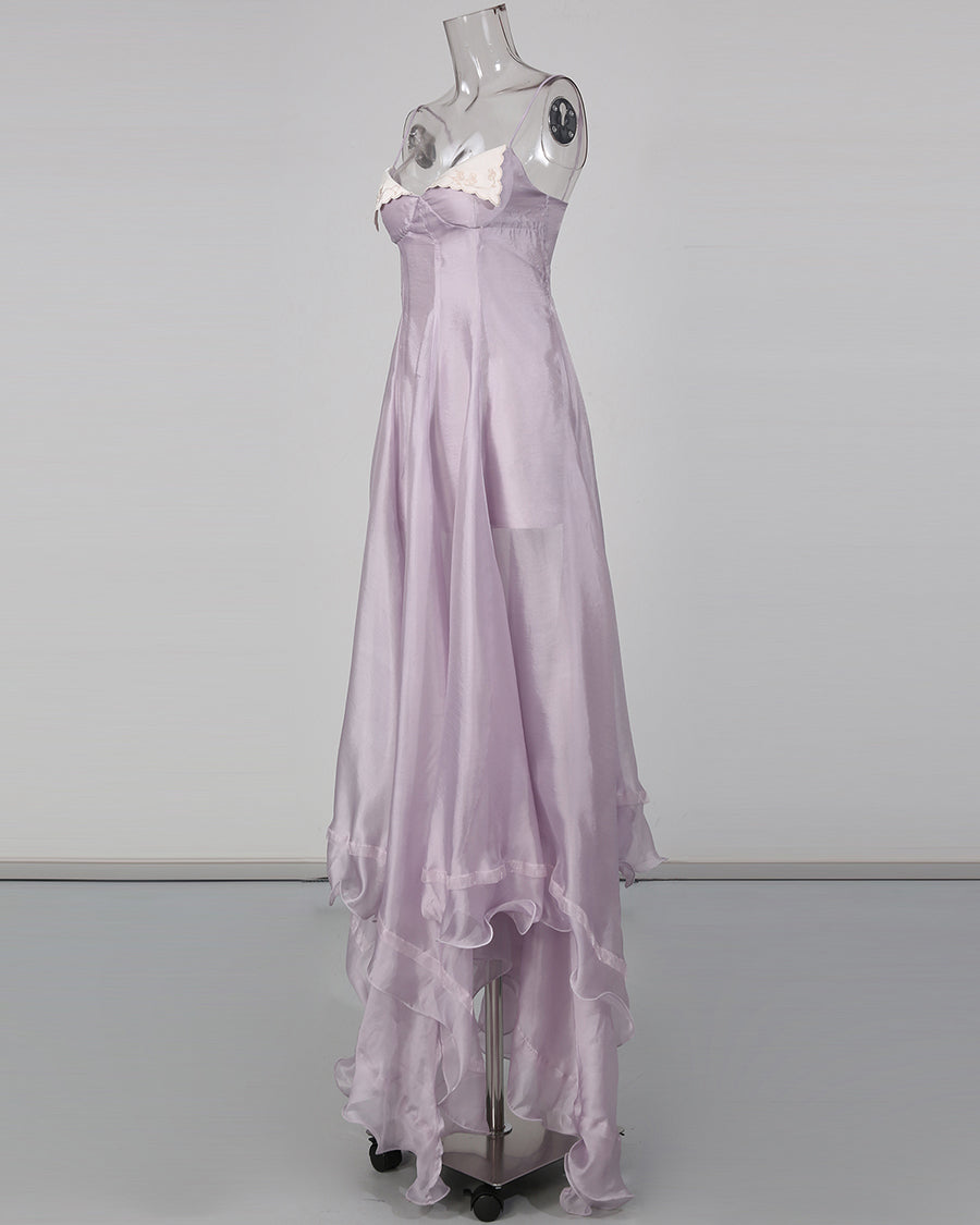 Purple Spaghetti Strap Lace Irregular Ruffle Maxi Dress