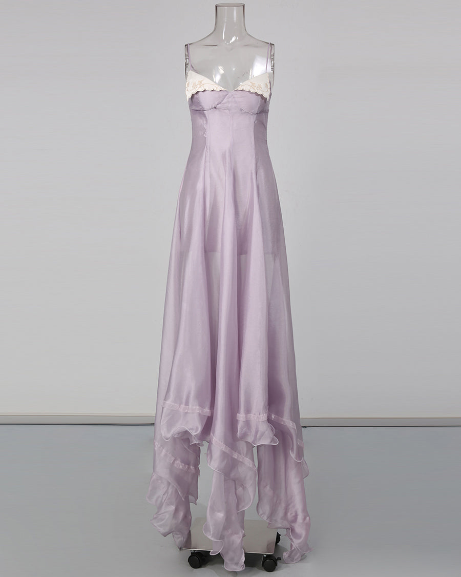 Purple Spaghetti Strap Lace Irregular Ruffle Maxi Dress