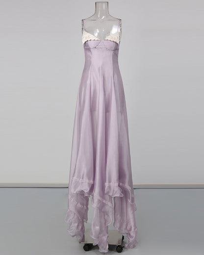 Purple Spaghetti Strap Lace Irregular Ruffle Maxi Dress