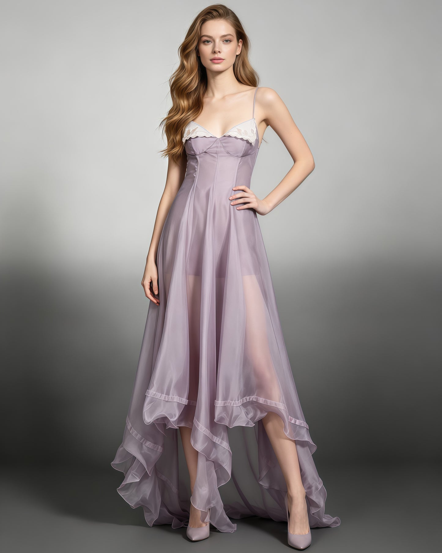 Purple Spaghetti Strap Lace Irregular Ruffle Maxi Dress