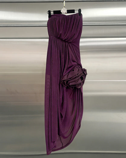 Purple Strapless 3D Flower Ruched Evening Gown