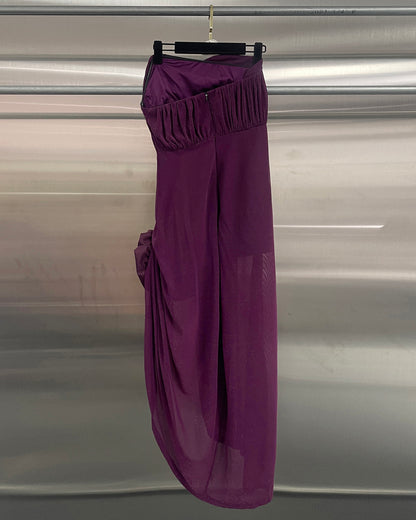 Purple Strapless 3D Flower Ruched Evening Gown