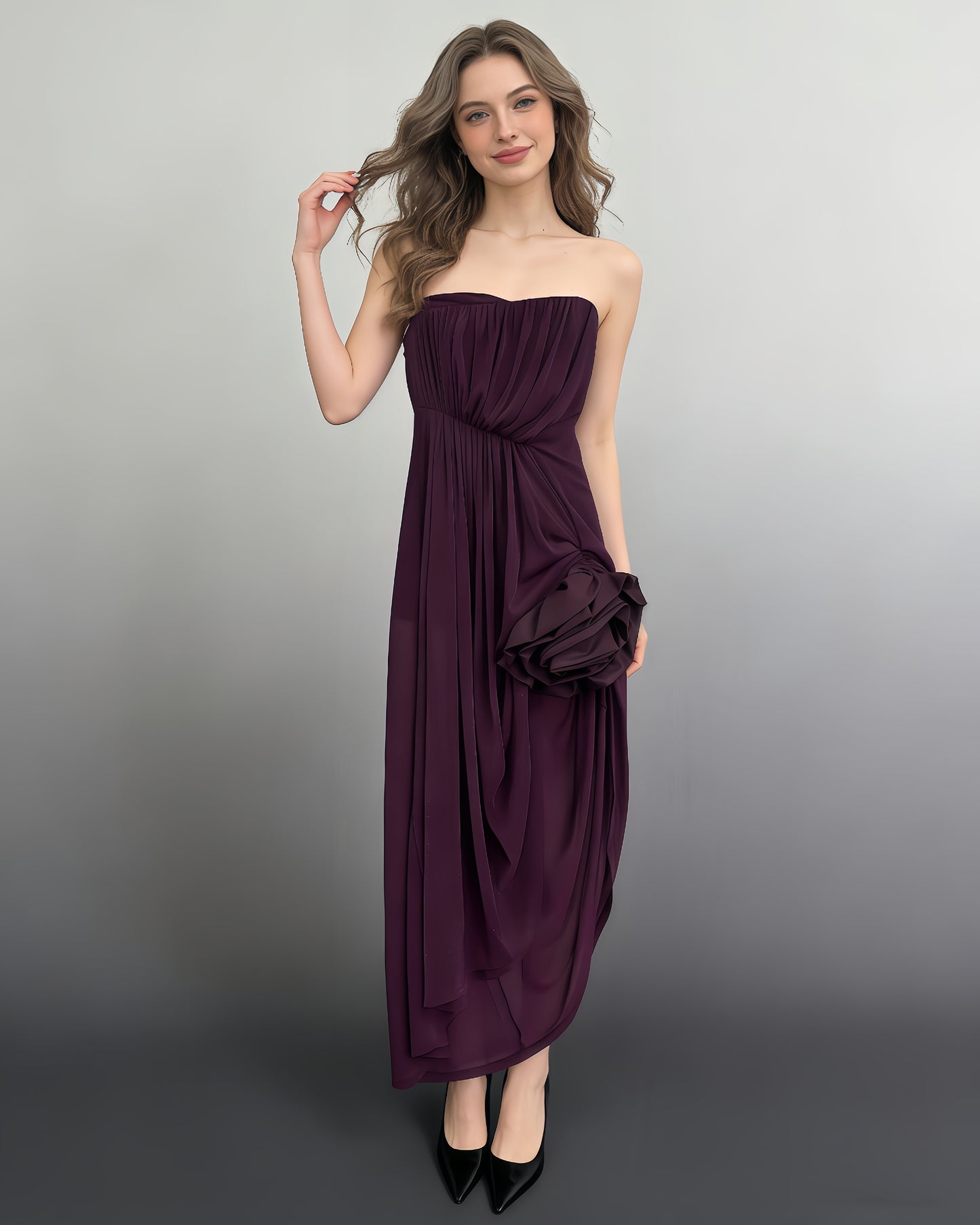 Purple Strapless 3D Flower Ruched Evening Gown