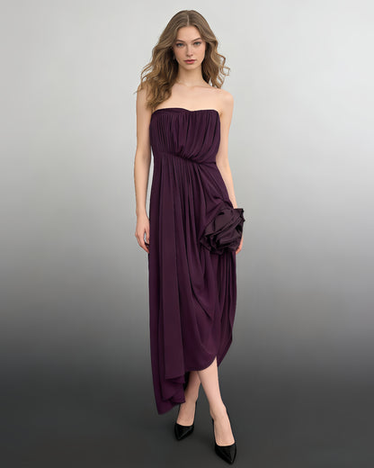 Purple Strapless 3D Flower Ruched Evening Gown