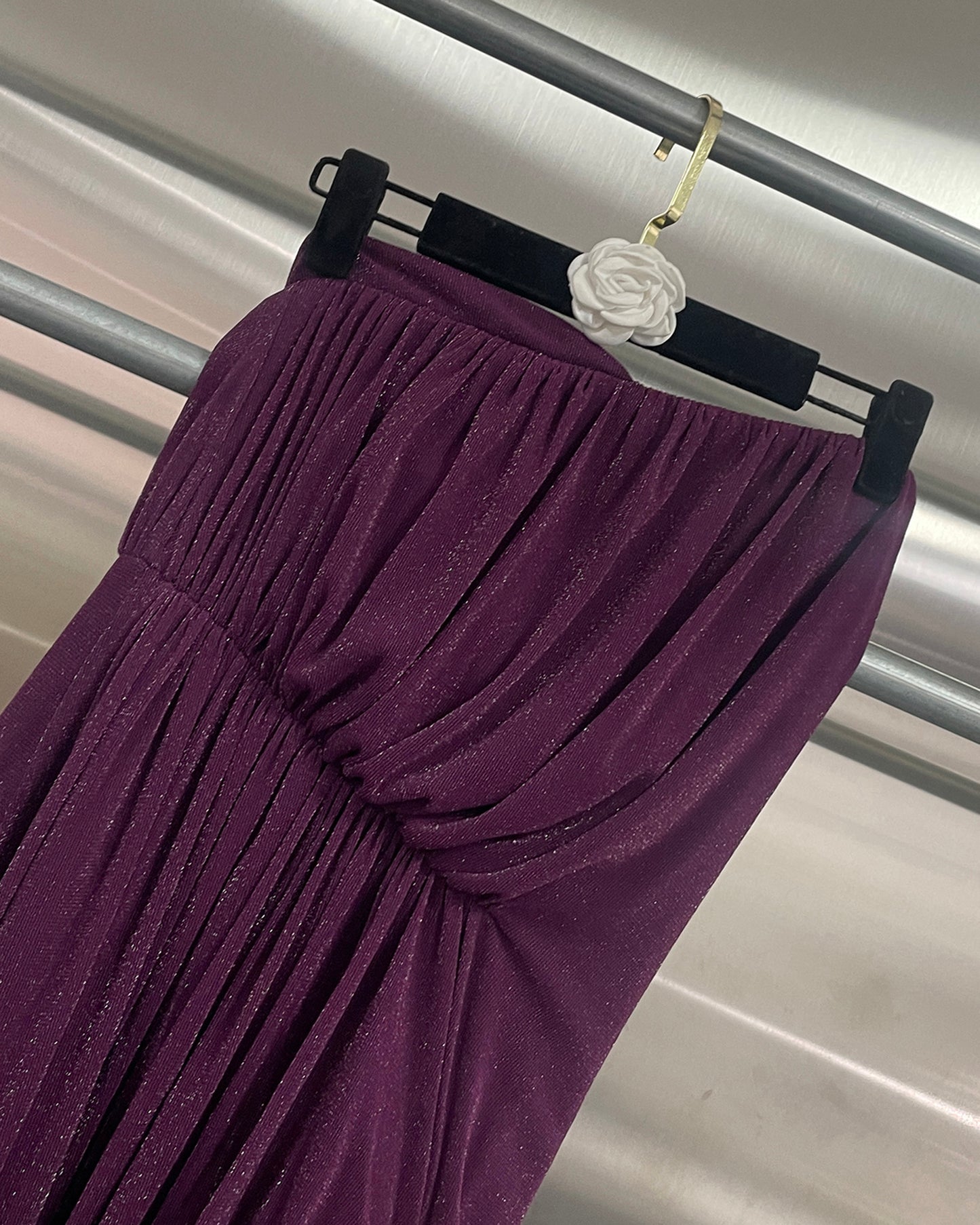 Purple Strapless 3D Flower Ruched Evening Gown