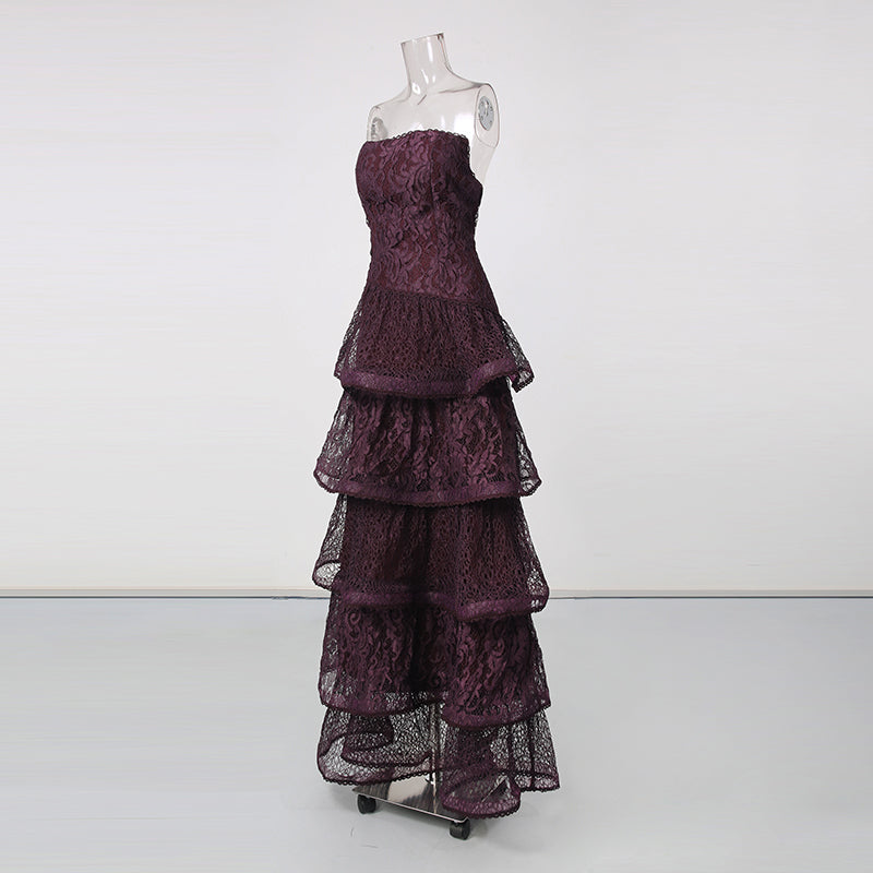 Purple Strapless Lace Multi-Layer Tiered Evening Dress
