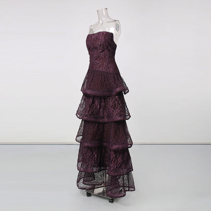 Purple Strapless Lace Multi-Layer Tiered Evening Dress