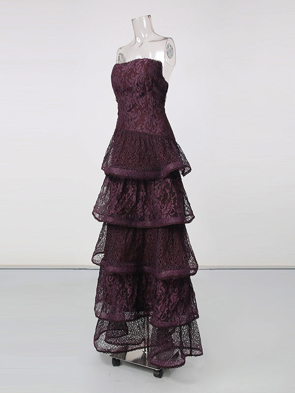 Purple Strapless Lace Multi-Layer Tiered Evening Dress