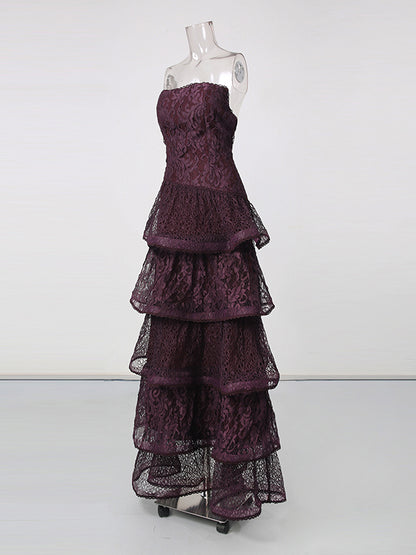 Purple Strapless Lace Multi-Layer Tiered Evening Dress