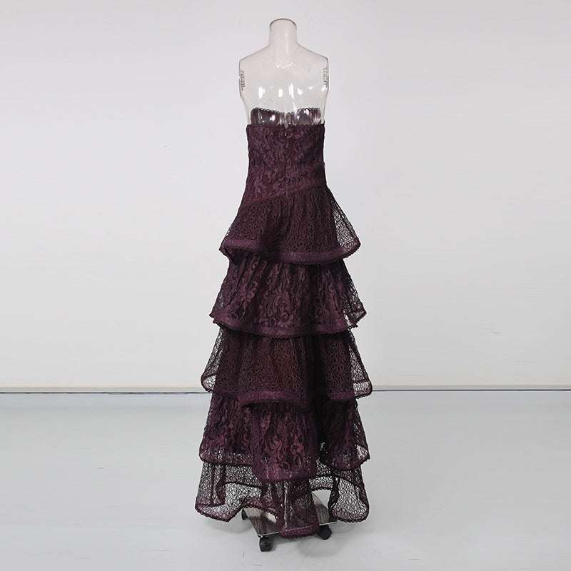 Purple Strapless Lace Multi-Layer Tiered Evening Dress