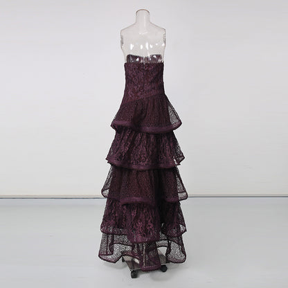 Purple Strapless Lace Multi-Layer Tiered Evening Dress