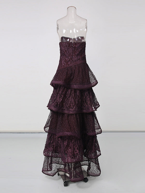 Purple Strapless Lace Multi-Layer Tiered Evening Dress