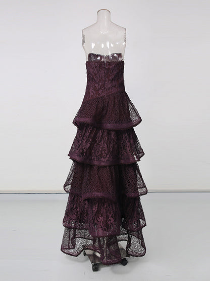 Purple Strapless Lace Multi-Layer Tiered Evening Dress