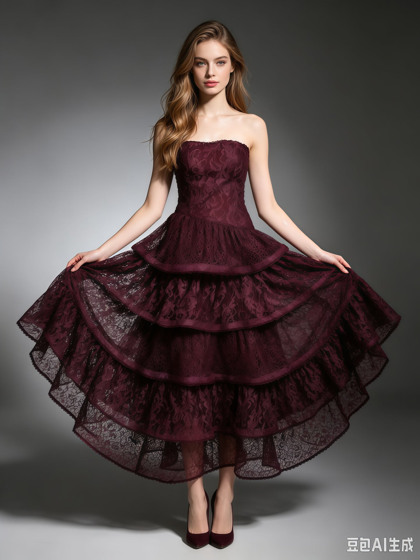Purple Strapless Lace Multi-Layer Tiered Evening Dress