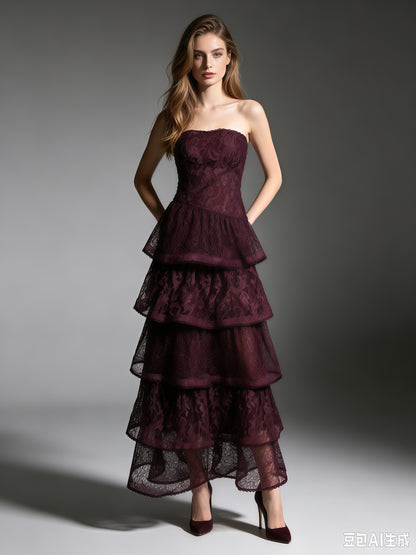 Purple Strapless Lace Multi-Layer Tiered Evening Dress