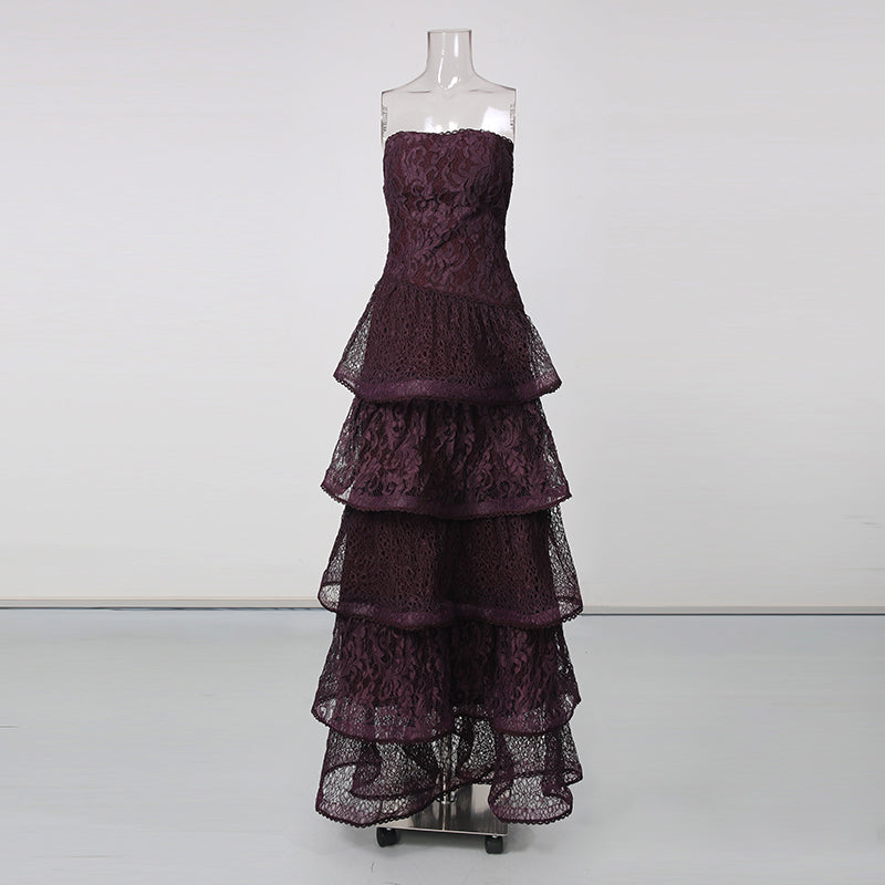 Purple Strapless Lace Multi-Layer Tiered Evening Dress
