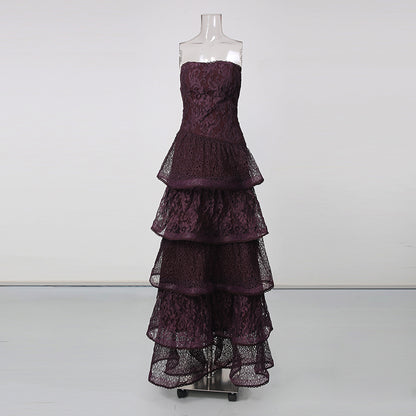 Purple Strapless Lace Multi-Layer Tiered Evening Dress