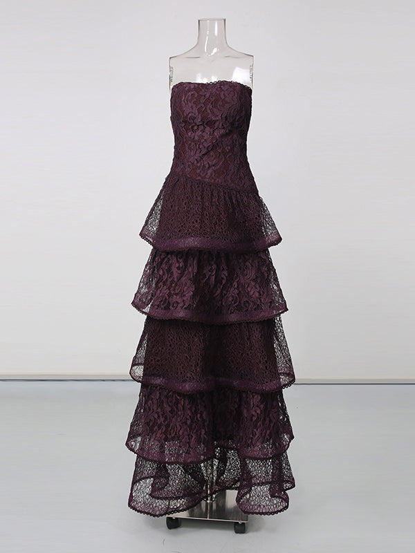 Purple Strapless Lace Multi-Layer Tiered Evening Dress