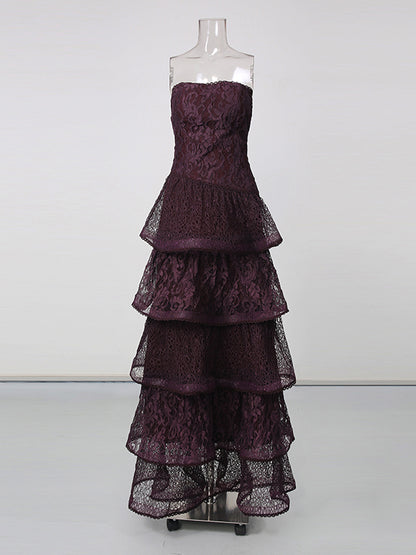 Purple Strapless Lace Multi-Layer Tiered Evening Dress