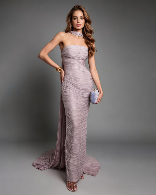 Purple Strapless Pleated Elegant Maxi Dress