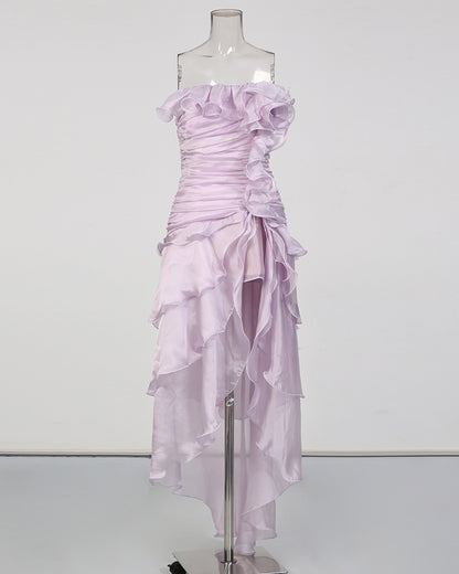 Purple Strapless Ruffled Asymmetrical Midi Dress