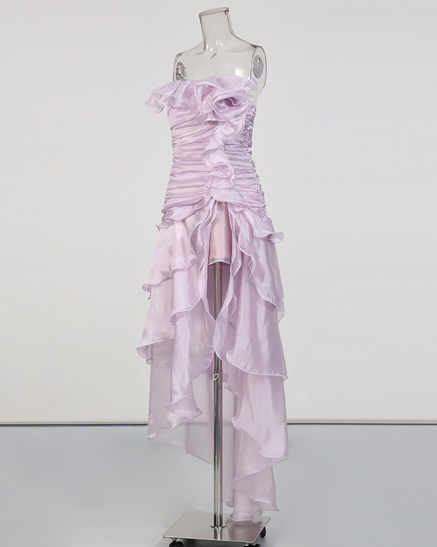 Purple Strapless Ruffled Asymmetrical Midi Dress