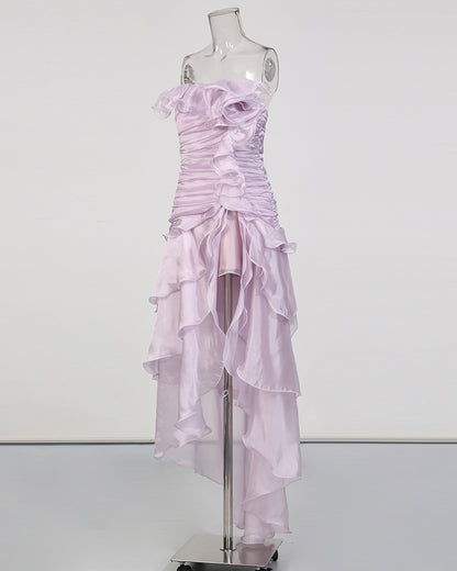 Purple Strapless Ruffled Asymmetrical Midi Dress