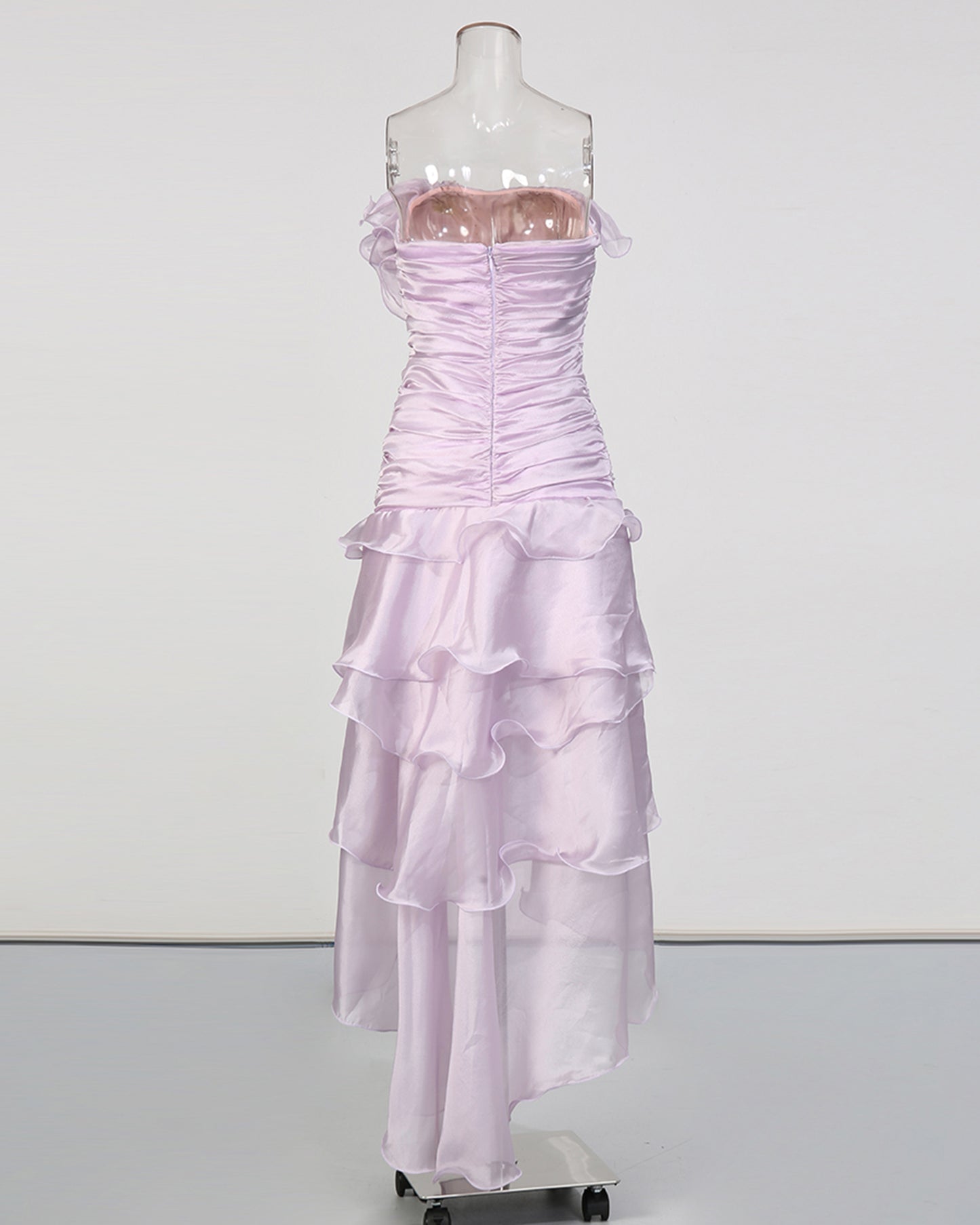 Purple Strapless Ruffled Asymmetrical Midi Dress