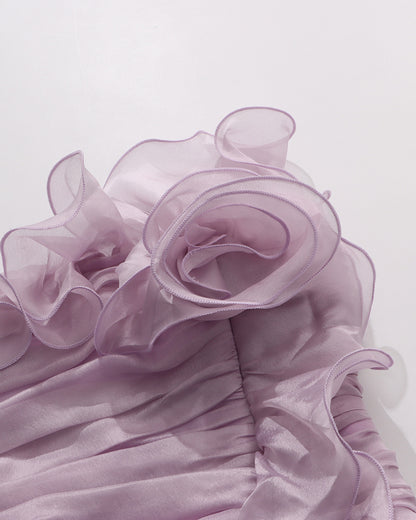 Purple Strapless Ruffled Asymmetrical Midi Dress