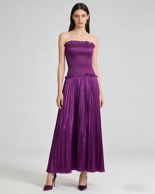 Purple Strapless Smocked Metallic Pleated Maxi Dress