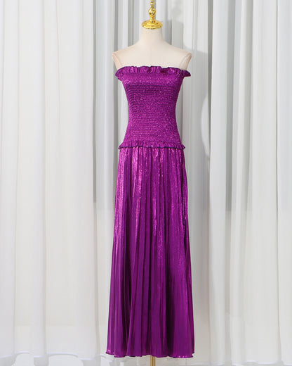 Purple Strapless Smocked Metallic Pleated Maxi Dress