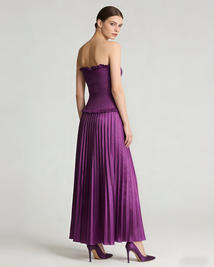 Purple Strapless Smocked Metallic Pleated Maxi Dress