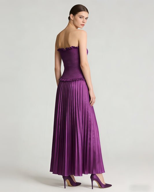 Purple Strapless Smocked Metallic Pleated Maxi Dress
