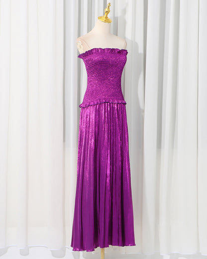 Purple Strapless Smocked Metallic Pleated Maxi Dress