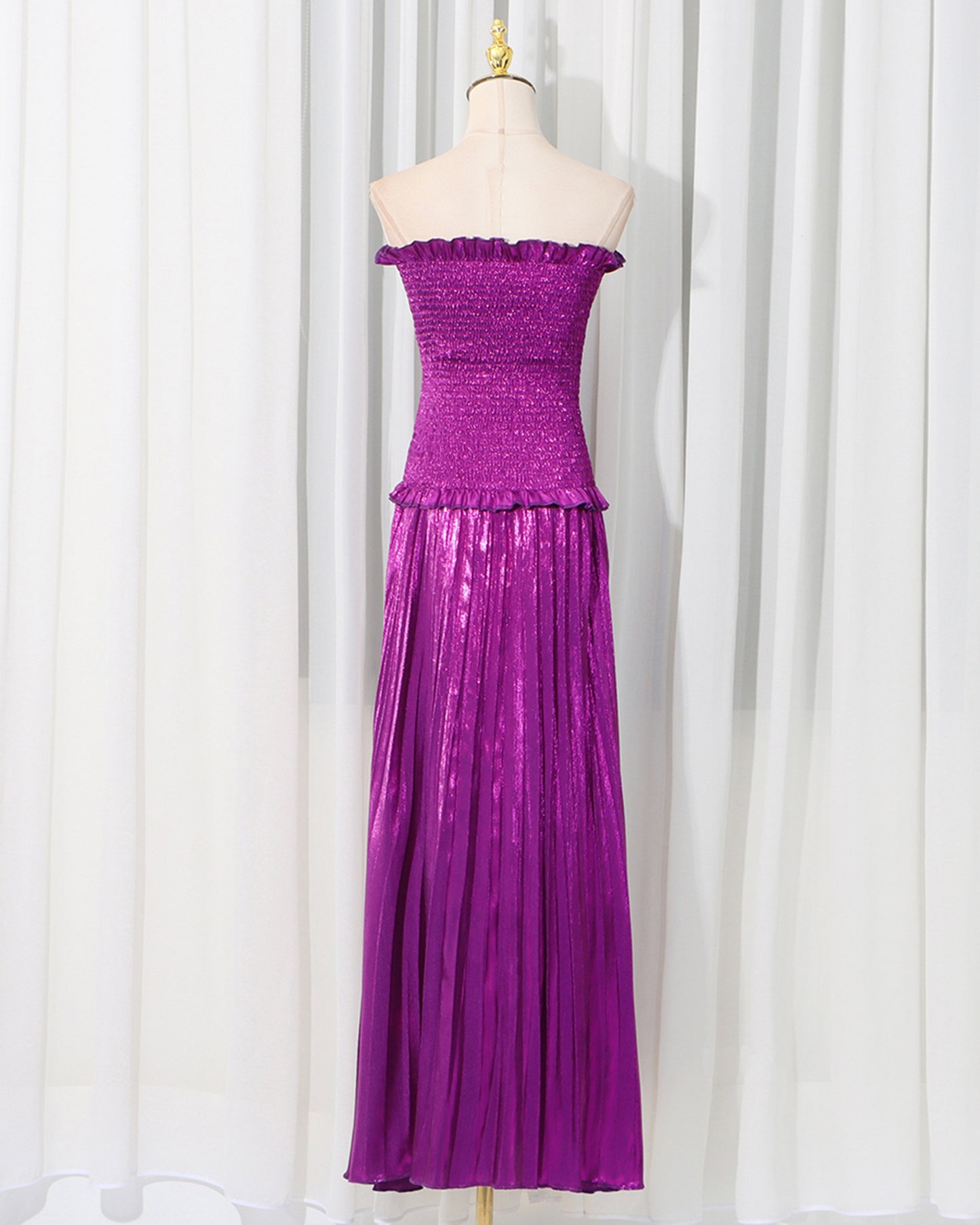 Purple Strapless Smocked Metallic Pleated Maxi Dress