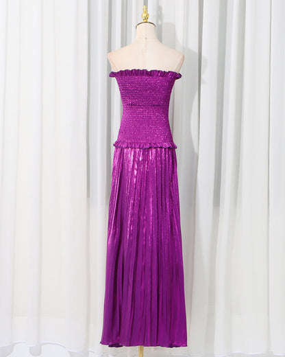 Purple Strapless Smocked Metallic Pleated Maxi Dress