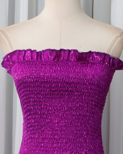 Purple Strapless Smocked Metallic Pleated Maxi Dress