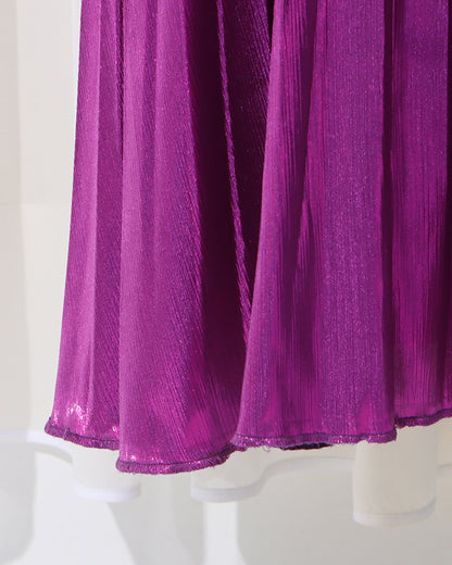 Purple Strapless Smocked Metallic Pleated Maxi Dress