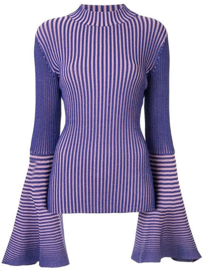 Purple Striped Knit Sweater with Bell Sleeve Detail