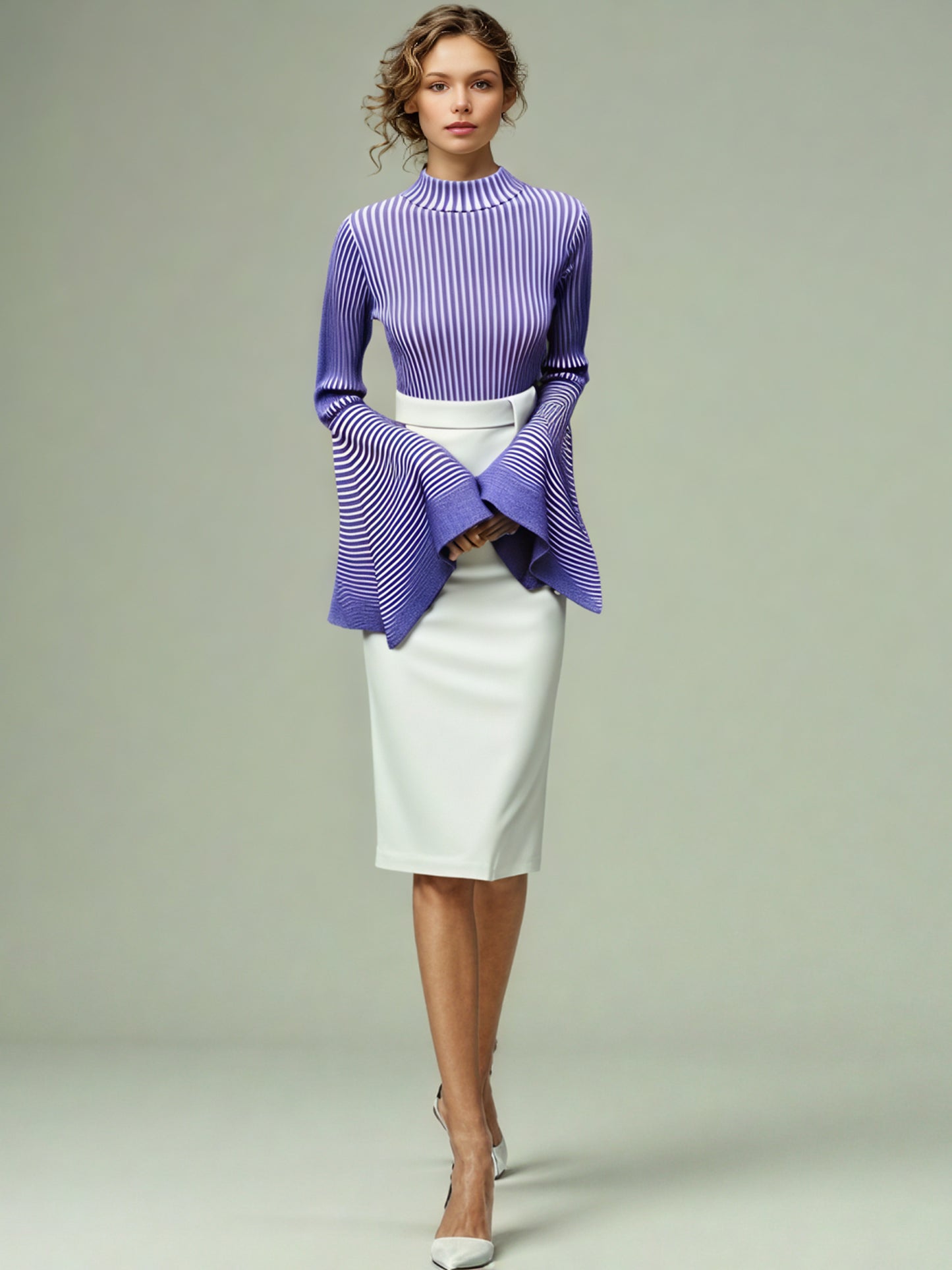 Purple Striped Knit Sweater with Bell Sleeve Detail